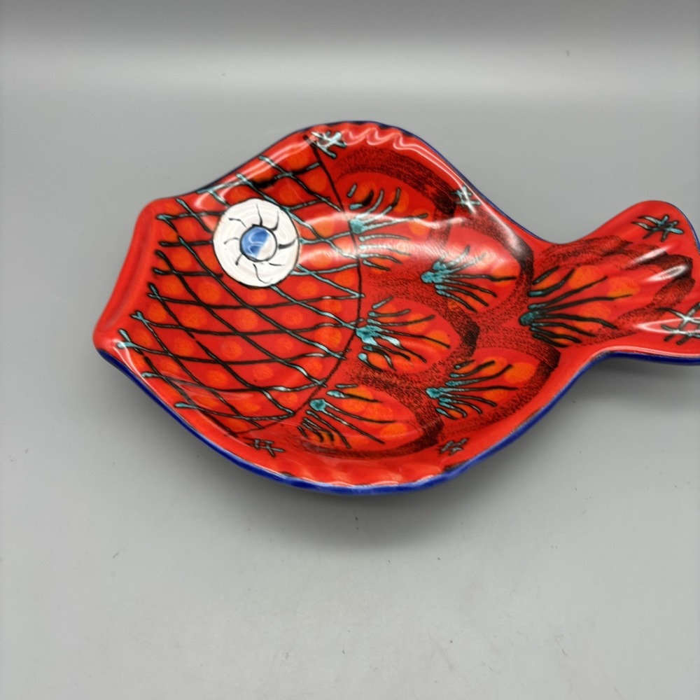 10" Hand Painted Red Fish Ceramic Art Plate Signed Studio Pottery Coastal Decor
